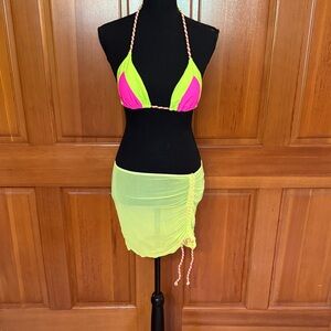 4 piece Neon Pink & Lime Green Triangle Bikini Set with Sheer Ruched Cover-Up